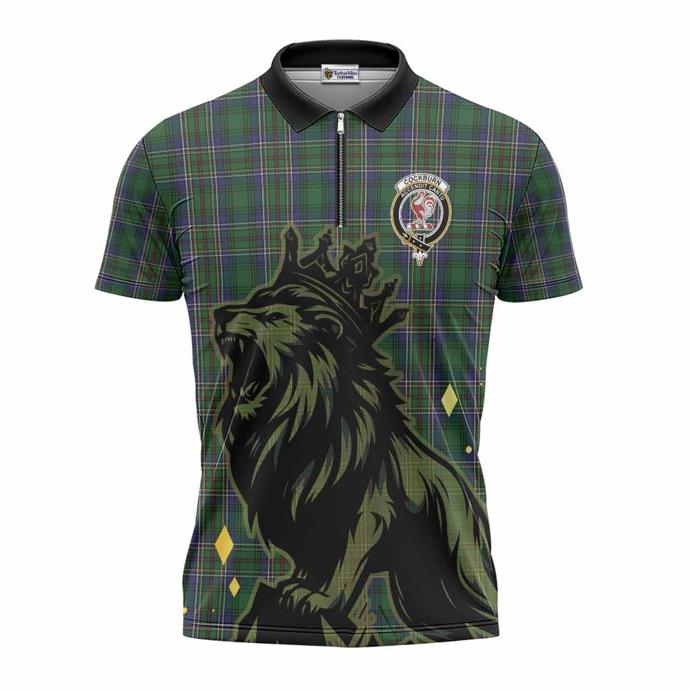 Cockburn Tartan Family Crest Zipper Polo Shirt Crowned Lion Roaring