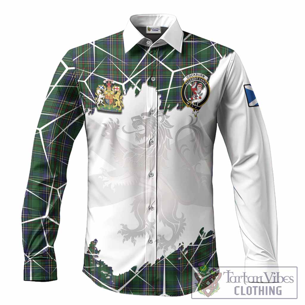 Cockburn Tartan Long Sleeve Button Shirts with Family Crest and Lion Rampant Grunge Style