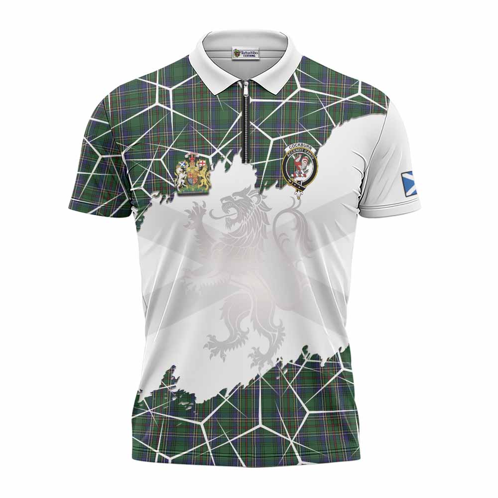 Cockburn Tartan Zipper Polo Shirt with Family Crest and Lion Rampant Grunge Style