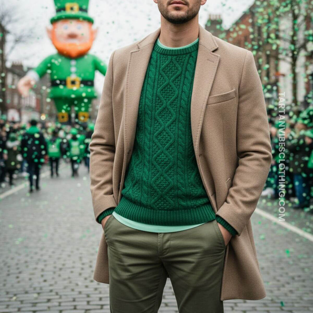 Men’s St. Patrick’s Day outfit with green cable knit sweater and camel coat