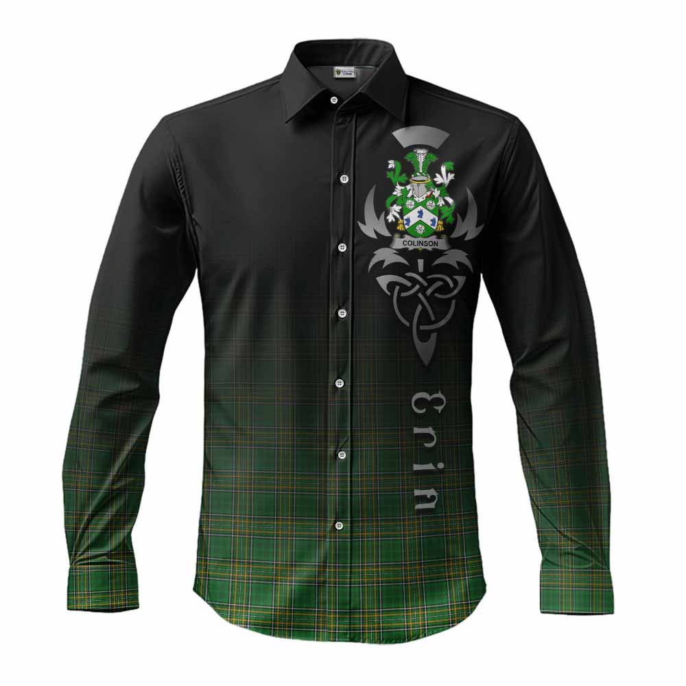 Tartan Vibes Clothing Colinson Irish Clan Long Sleeve Button Shirt with Coat of Arms Erin Go Bragh Celtic Inspired