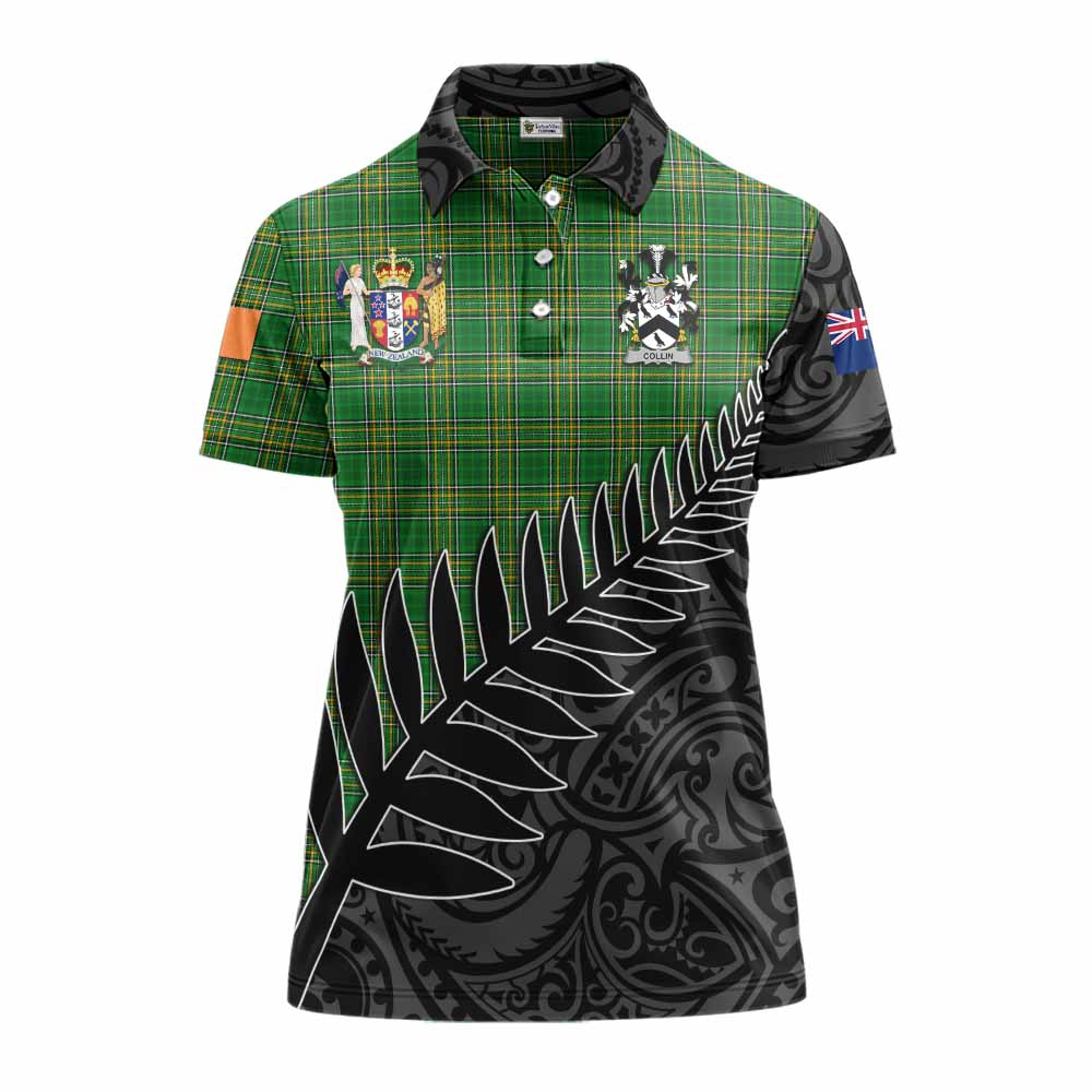 Tartan Vibes Clothing Collin Irish Clan Tartan Women's Polo Shirt with Coat of Arms New Zealand Silver Fern Half Style