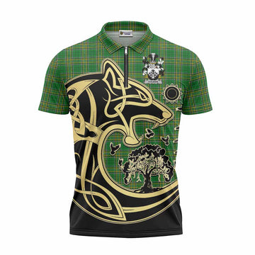 Tartan Vibes Clothing Colman Irish Tartan Zipper Polo Shirt with Coat of Arms Celtic Wolf Style