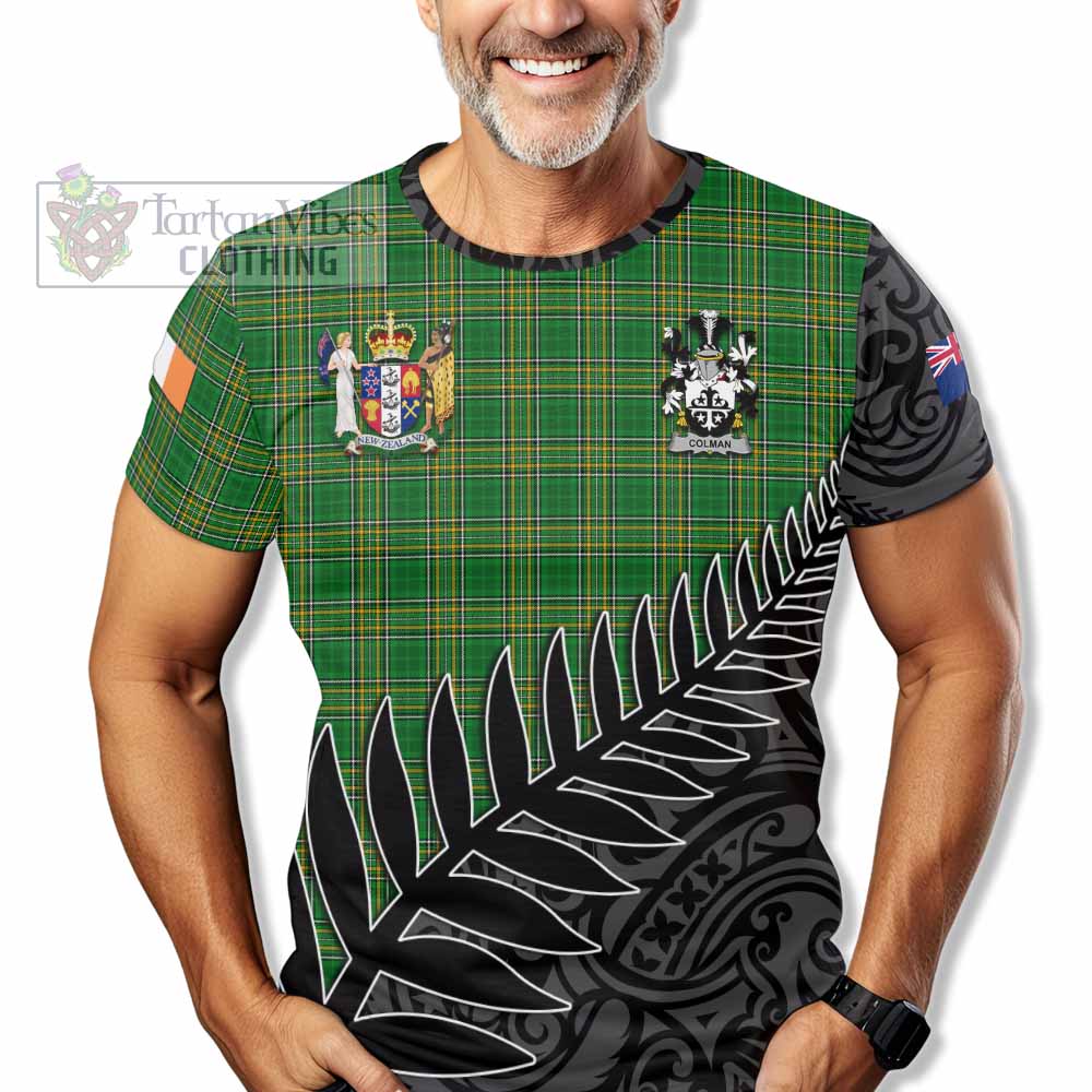 Tartan Vibes Clothing Colman Irish Clan Tartan T-Shirt with Coat of Arms New Zealand Silver Fern Half Style