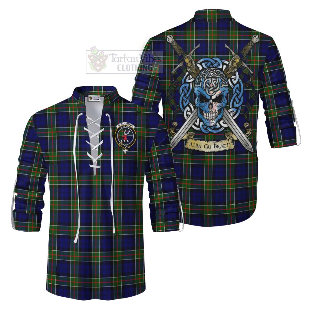 Tartan Vibes Clothing Colquhoun Tartan Ghillie Kilt Shirt with Family Crest Celtic Skull Style