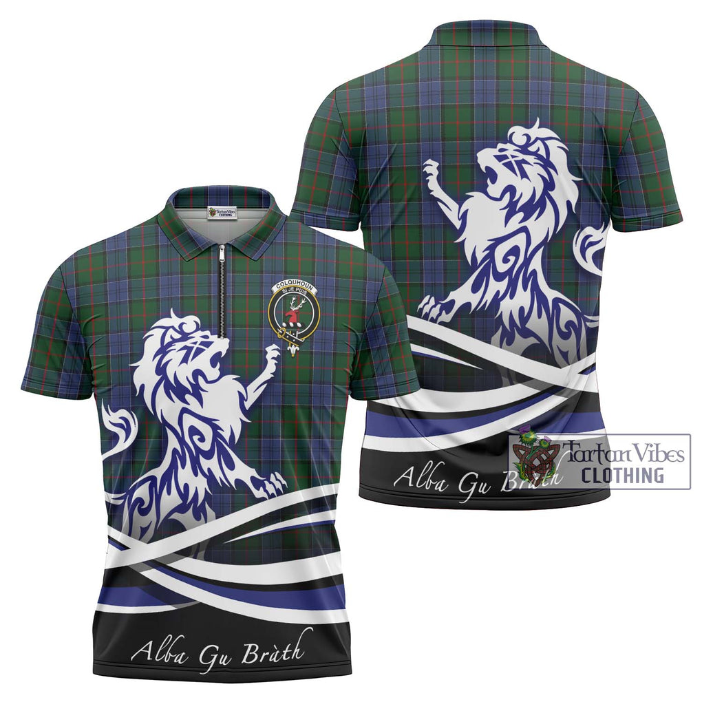 Colquhoun Tartan Zipper Polo Shirt with Alba Gu Brath Regal Lion Emblem Unisex - Tartanvibesclothing Shop