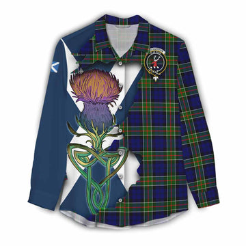 Tartan Vibes Clothing Colquhoun Tartan Family Crest Women's Casual Shirt Scottish Thistle Celtic Inspired