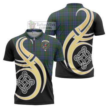 Tartan Vibes Clothing Colquhoun Tartan Zipper Polo Shirt with Family Crest and Celtic Symbol Style