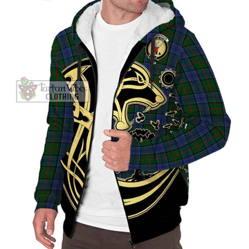 Colquhoun Tartan Sherpa Hoodie with Family Crest Celtic Wolf Style