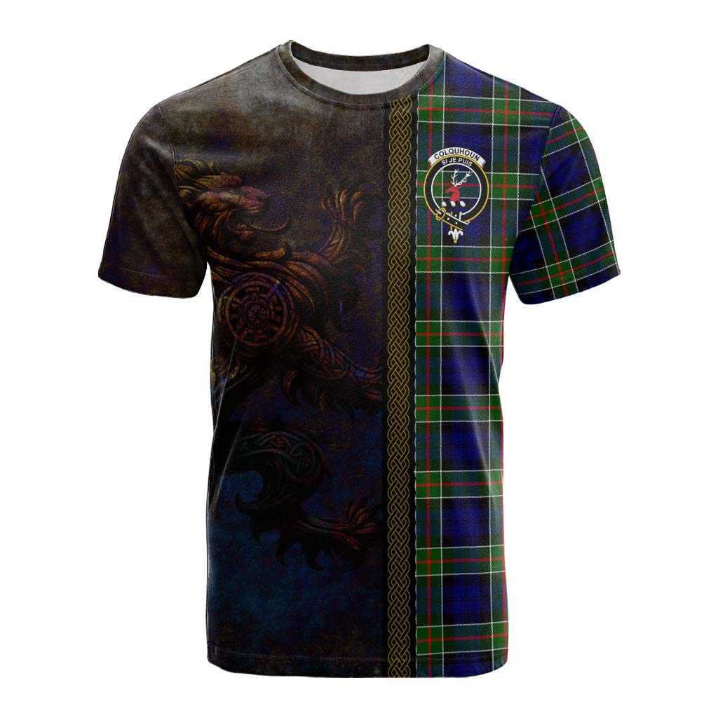 Tartan Vibes Clothing Colquhoun Tartan Family Crest Cotton T-shirt Alba Gu Brath Be Brave Lion Ancient Style