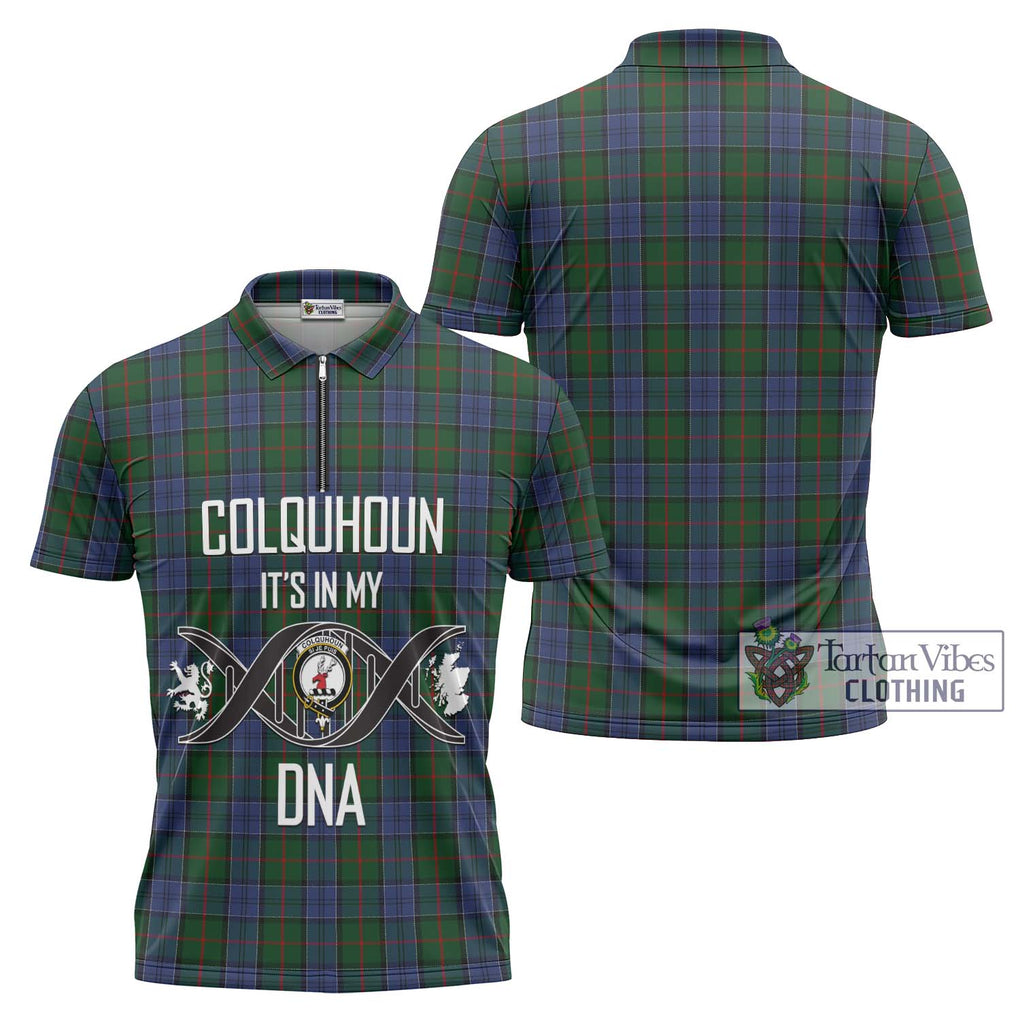 Colquhoun Tartan Zipper Polo Shirt with Family Crest DNA In Me Style Unisex - Tartanvibesclothing Shop