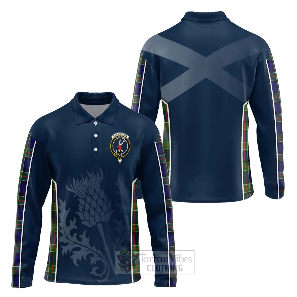 Tartan Vibes Clothing Colquhoun Tartan Long Sleeve Polo Shirt with Family Crest and Scottish Thistle Vibes Sport Style