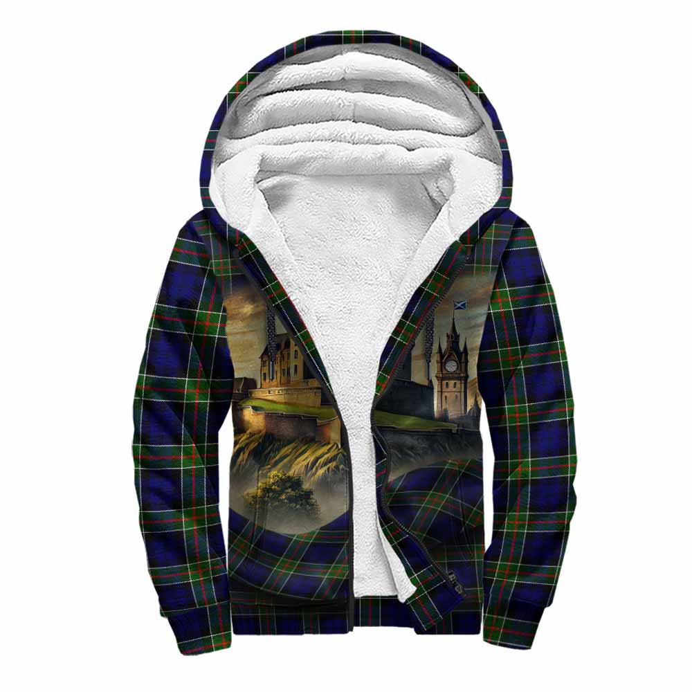 Tartan Vibes Clothing Colquhoun Tartan Family Crest Sherpa Hoodie with Scottish Ancient Castle Style