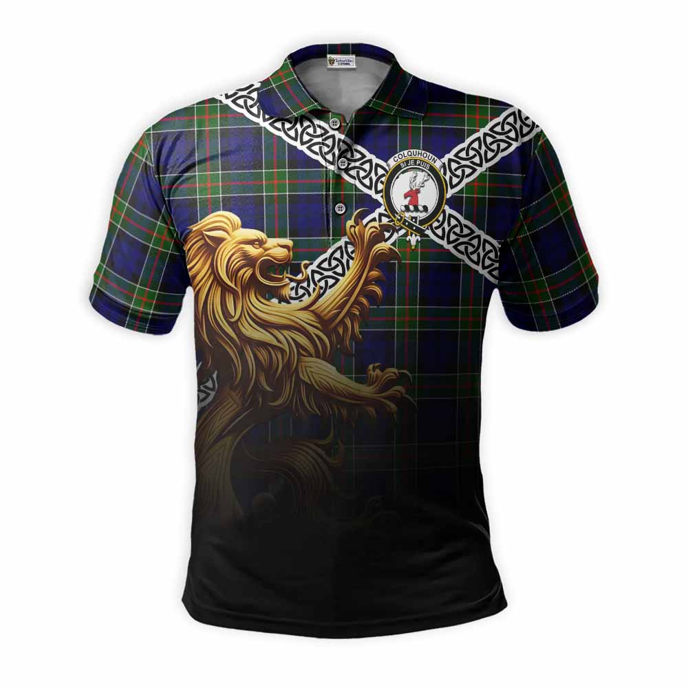 Tartan Vibes Clothing Colquhoun Crest Tartan Polo Shirt with Golden Lion Emblem Celtic Style