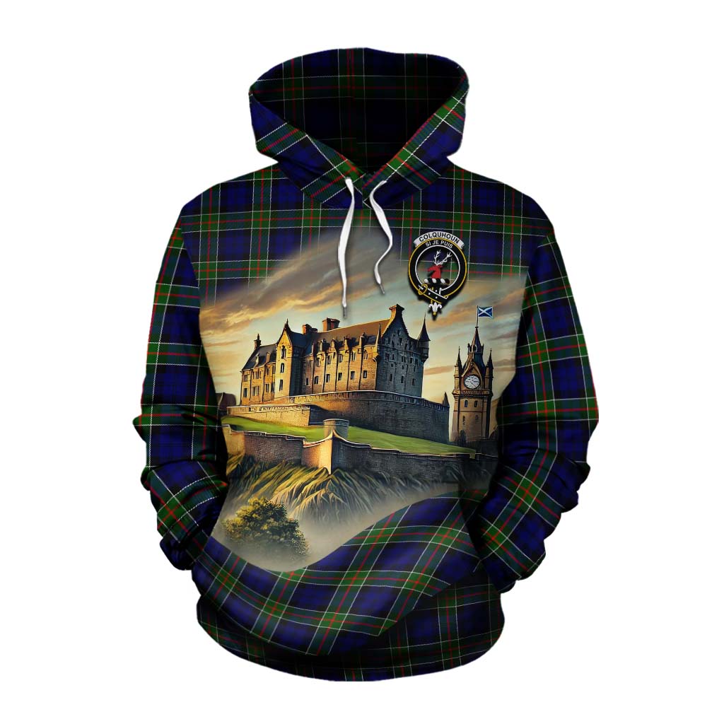 Tartan Vibes Clothing Colquhoun Tartan Family Crest Cotton Hoodie with Scottish Ancient Castle Style