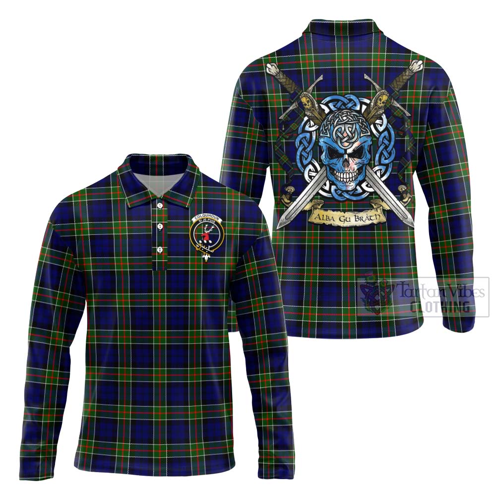 Tartan Vibes Clothing Colquhoun Tartan Long Sleeve Polo Shirt with Family Crest Celtic Skull Style