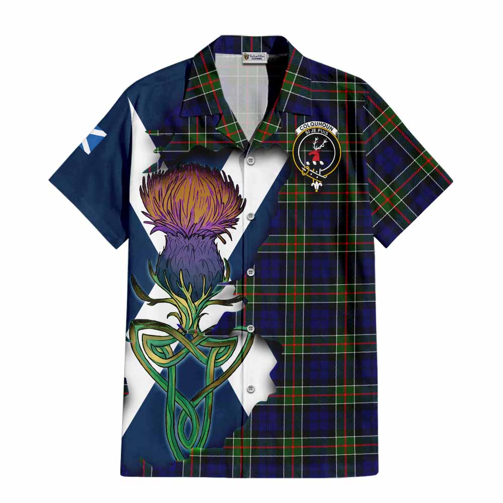 Tartan Vibes Clothing Colquhoun Tartan Family Crest Short Sleeve Button Shirt Scottish Thistle Celtic Inspired