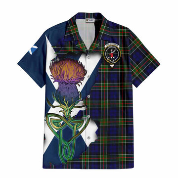 Tartan Vibes Clothing Colquhoun Tartan Family Crest Short Sleeve Button Shirt Scottish Thistle Celtic Inspired
