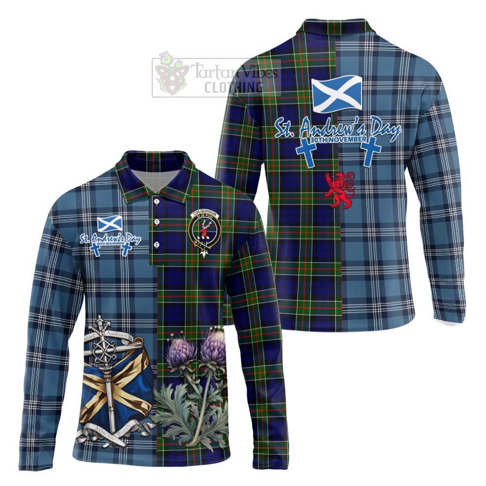 Tartan Vibes Clothing Colquhoun Tartan Long Sleeve Polo Shirt Happy St. Andrew's Day Half Tartan Style