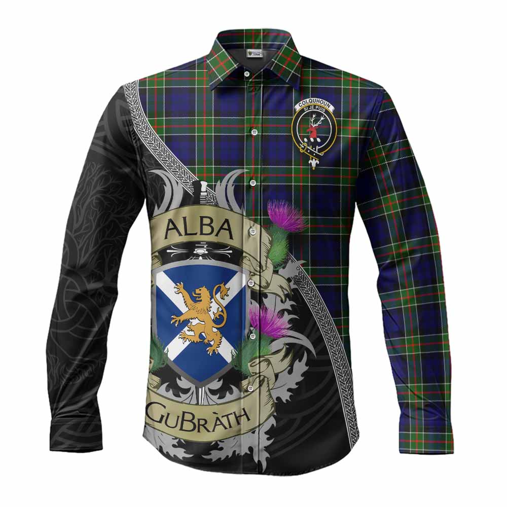 Tartan Vibes Clothing Colquhoun Tartan Family Crest Long Sleeve Button Shirt Lion Rampant Royal Thistle Shield Celtic Inspired