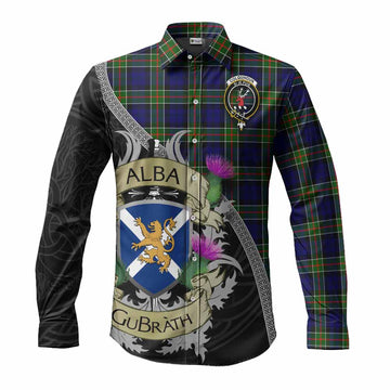Tartan Vibes Clothing Colquhoun Tartan Family Crest Long Sleeve Button Shirt Lion Rampant Royal Thistle Shield Celtic Inspired