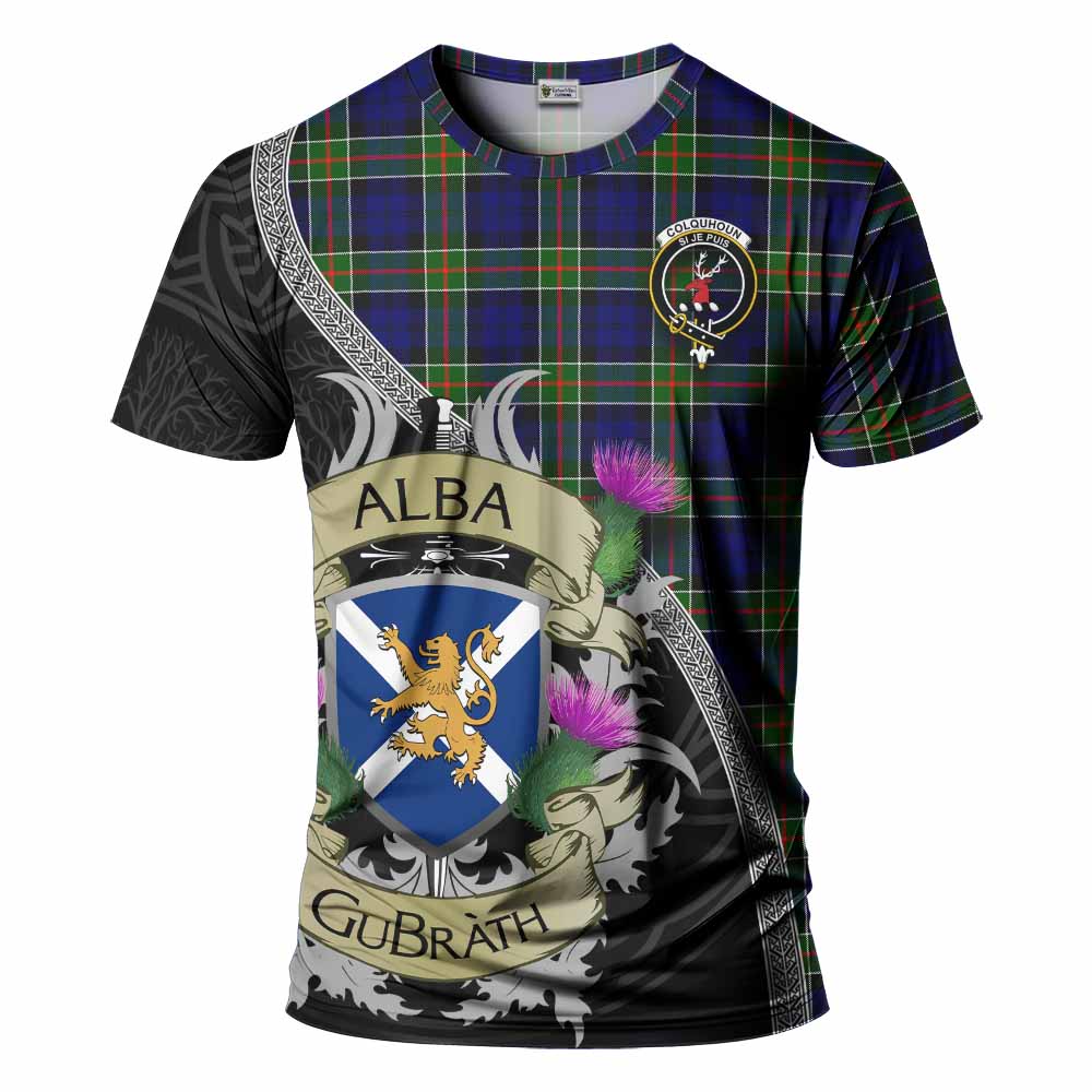 Tartan Vibes Clothing Colquhoun Tartan Family Crest T-Shirt Lion Rampant Royal Thistle Shield Celtic Inspired