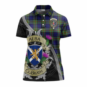 Colquhoun Tartan Family Crest Women's Polo Shirt Lion Rampant Royal Thistle Shield Celtic Inspired