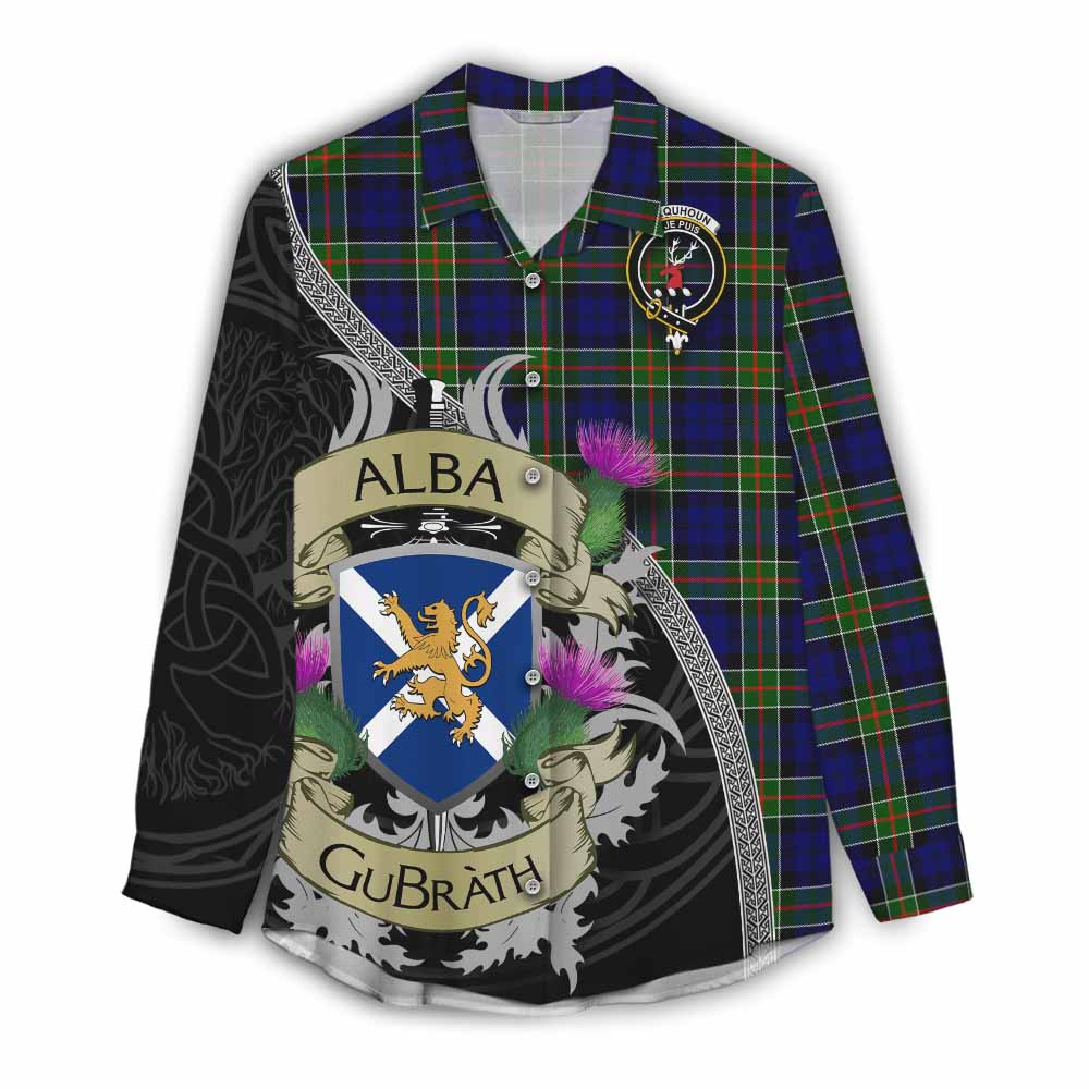 Tartan Vibes Clothing Colquhoun Tartan Family Crest Women's Casual Shirt Lion Rampant Royal Thistle Shield Celtic Inspired