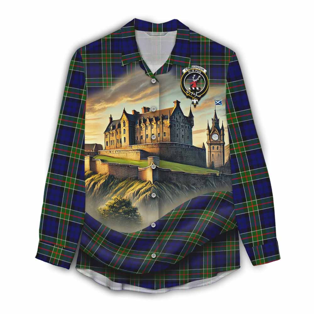 Tartan Vibes Clothing Colquhoun Tartan Family Crest Women's Casual Shirt with Scottish Ancient Castle Style