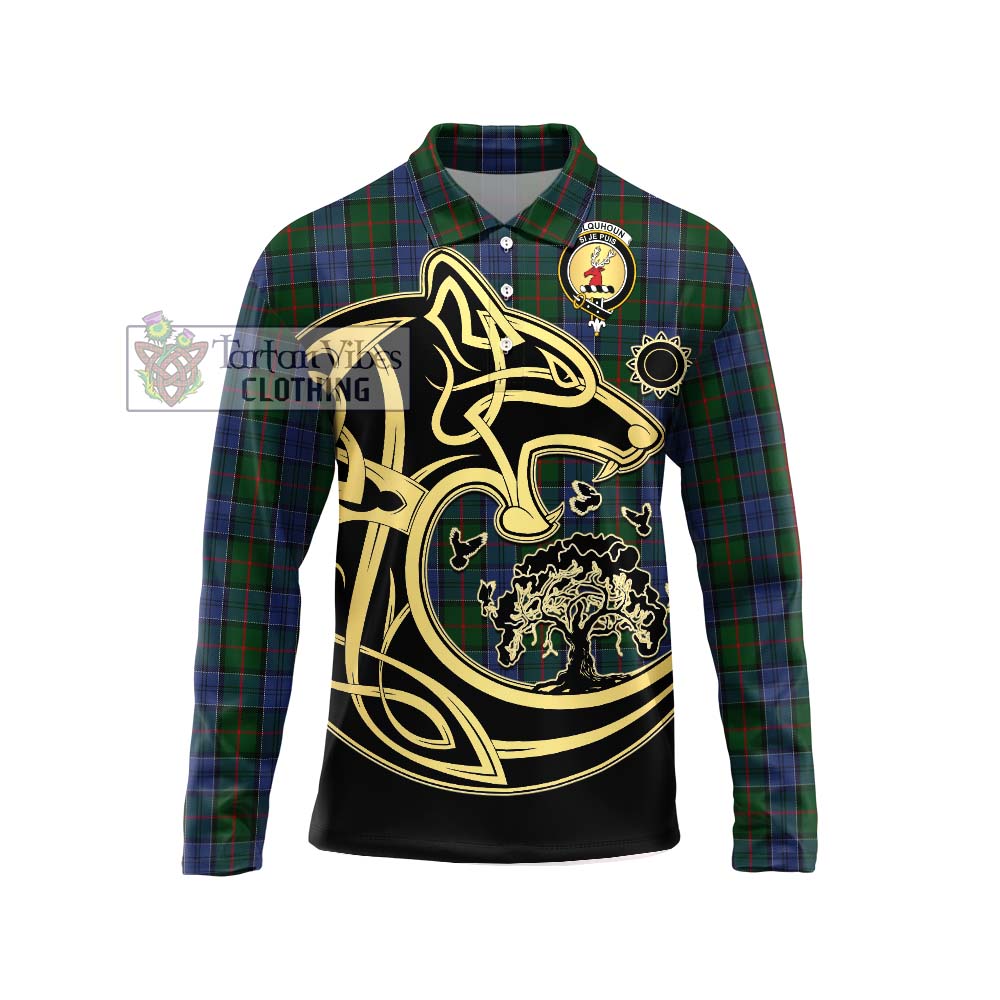 Colquhoun Tartan Long Sleeve Polo Shirt with Family Crest Celtic Wolf Style Unisex - Tartanvibesclothing Shop