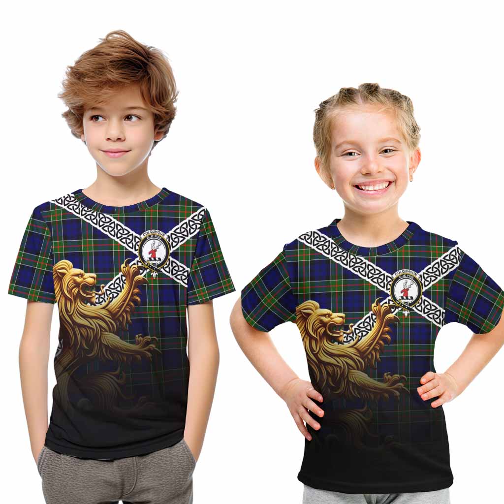 Tartan Vibes Clothing Colquhoun Crest Tartan Kid T-Shirt with Golden Lion Emblem Celtic Style