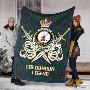 Colquhoun Tartan Blanket with Clan Crest and the Golden Sword of Courageous Legacy