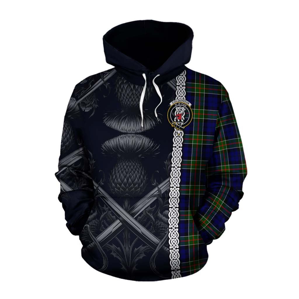 Tartan Vibes Clothing Colquhoun Tartan Cotton Hoodie with Family Crest Cross Sword Thistle Celtic Vibes