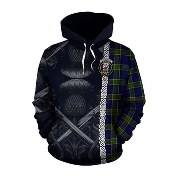 Tartan Vibes Clothing Colquhoun Tartan Cotton Hoodie with Family Crest Cross Sword Thistle Celtic Vibes
