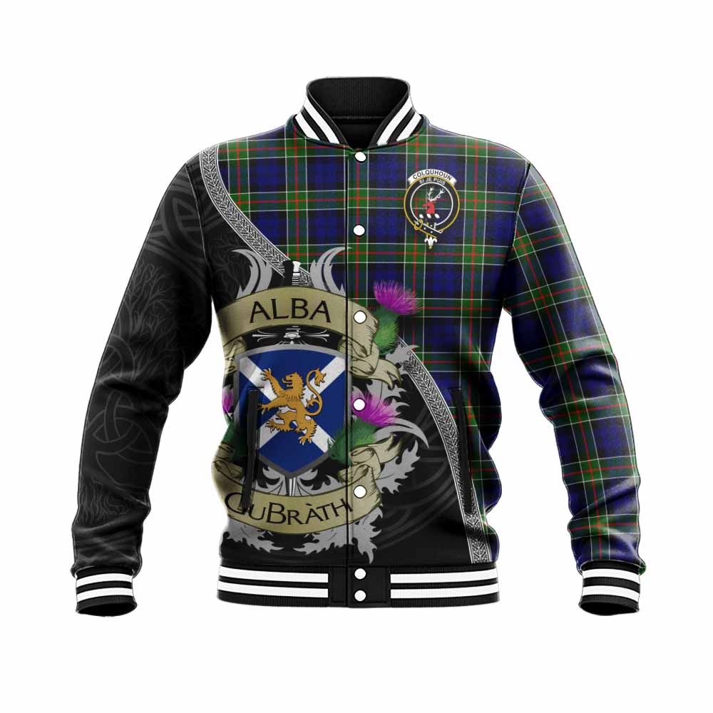 Tartan Vibes Clothing Colquhoun Tartan Family Crest Baseball Jacket Lion Rampant Royal Thistle Shield Celtic Inspired