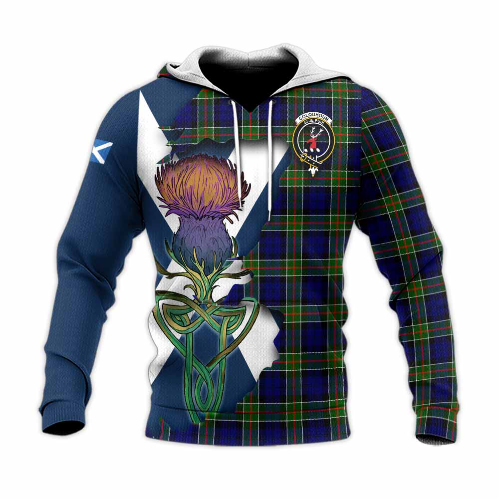 Tartan Vibes Clothing Colquhoun Tartan Family Crest Knitted Hoodie Scottish Thistle Celtic Inspired
