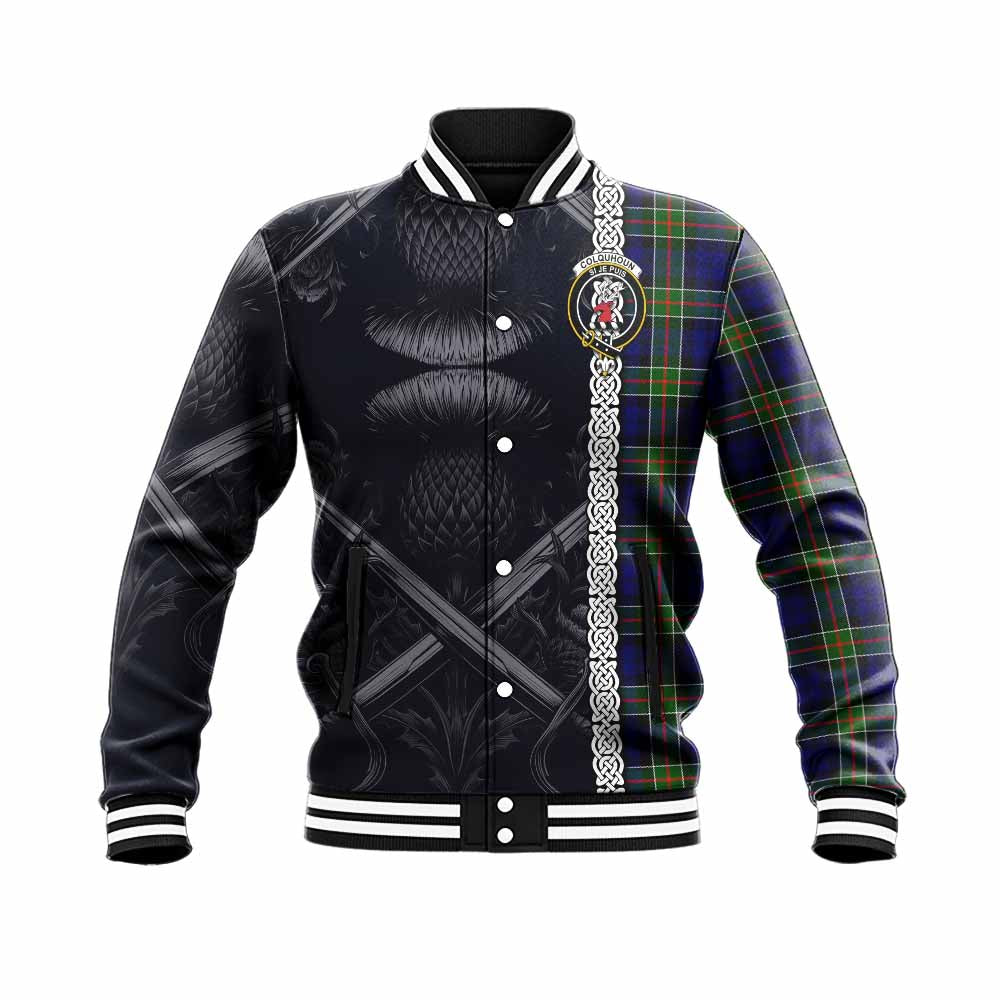 Colquhoun Tartan Baseball Jacket with Family Crest Cross Sword Thistle Celtic Vibes Unisex - Tartan Vibes Clothing