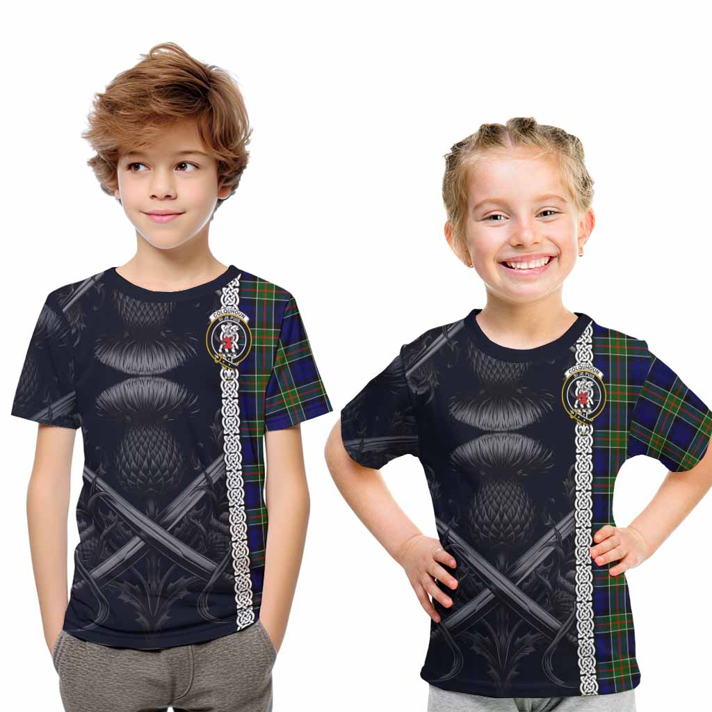 Tartan Vibes Clothing Colquhoun Tartan Kid T-Shirt with Family Crest Cross Sword Thistle Celtic Vibes