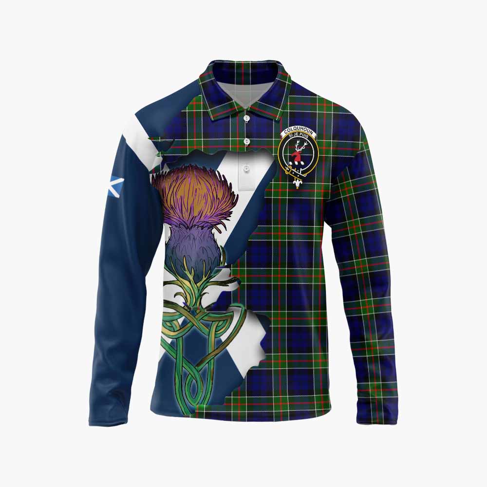 Tartan Vibes Clothing Colquhoun Tartan Family Crest Long Sleeve Polo Shirt Scottish Thistle Celtic Inspired