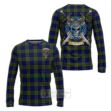 Tartan Vibes Clothing Colquhoun Tartan Long Sleeve T-Shirt with Family Crest Celtic Skull Style