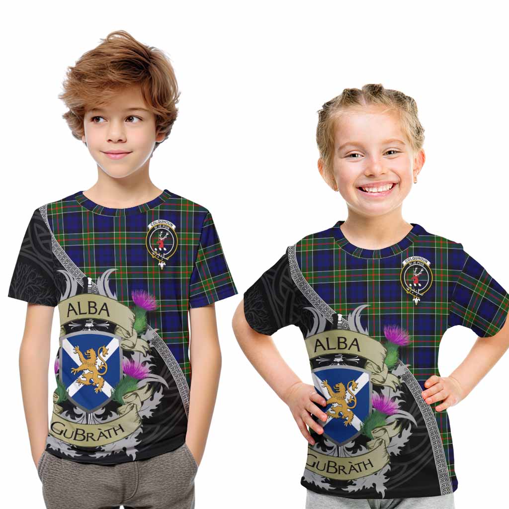 Tartan Vibes Clothing Colquhoun Tartan Family Crest Kid T-Shirt Lion Rampant Royal Thistle Shield Celtic Inspired