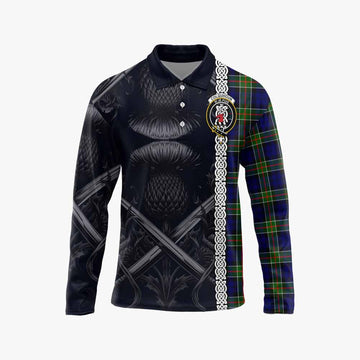 Tartan Vibes Clothing Colquhoun Tartan Long Sleeve Polo Shirt with Family Crest Cross Sword Thistle Celtic Vibes