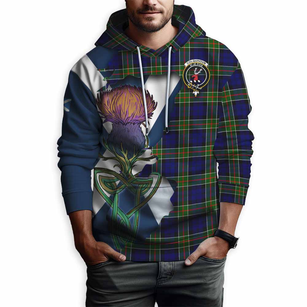 Tartan Vibes Clothing Colquhoun Tartan Family Crest Hoodie Scottish Thistle Celtic Inspired