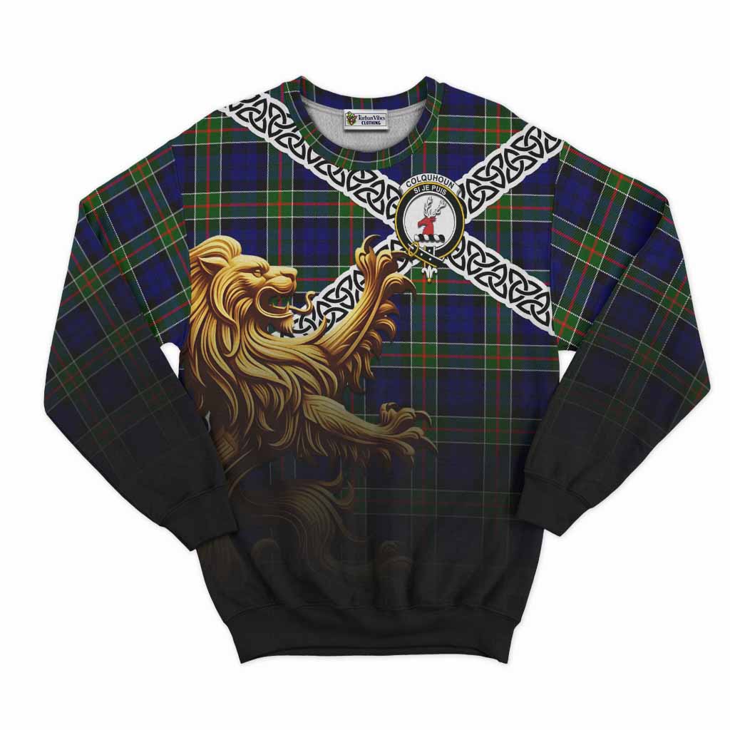 Tartan Vibes Clothing Colquhoun Crest Tartan Sweatshirt with Golden Lion Emblem Celtic Style