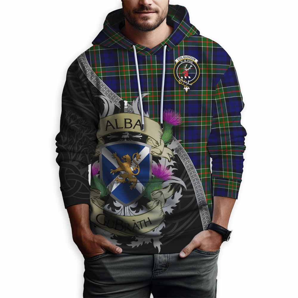Tartan Vibes Clothing Colquhoun Tartan Family Crest Hoodie Lion Rampant Royal Thistle Shield Celtic Inspired