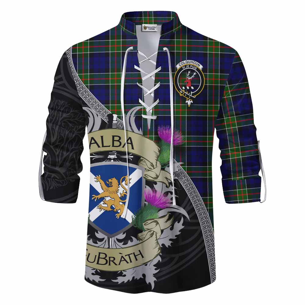 Tartan Vibes Clothing Colquhoun Tartan Family Crest Ghillie Kilt Shirt Lion Rampant Royal Thistle Shield Celtic Inspired