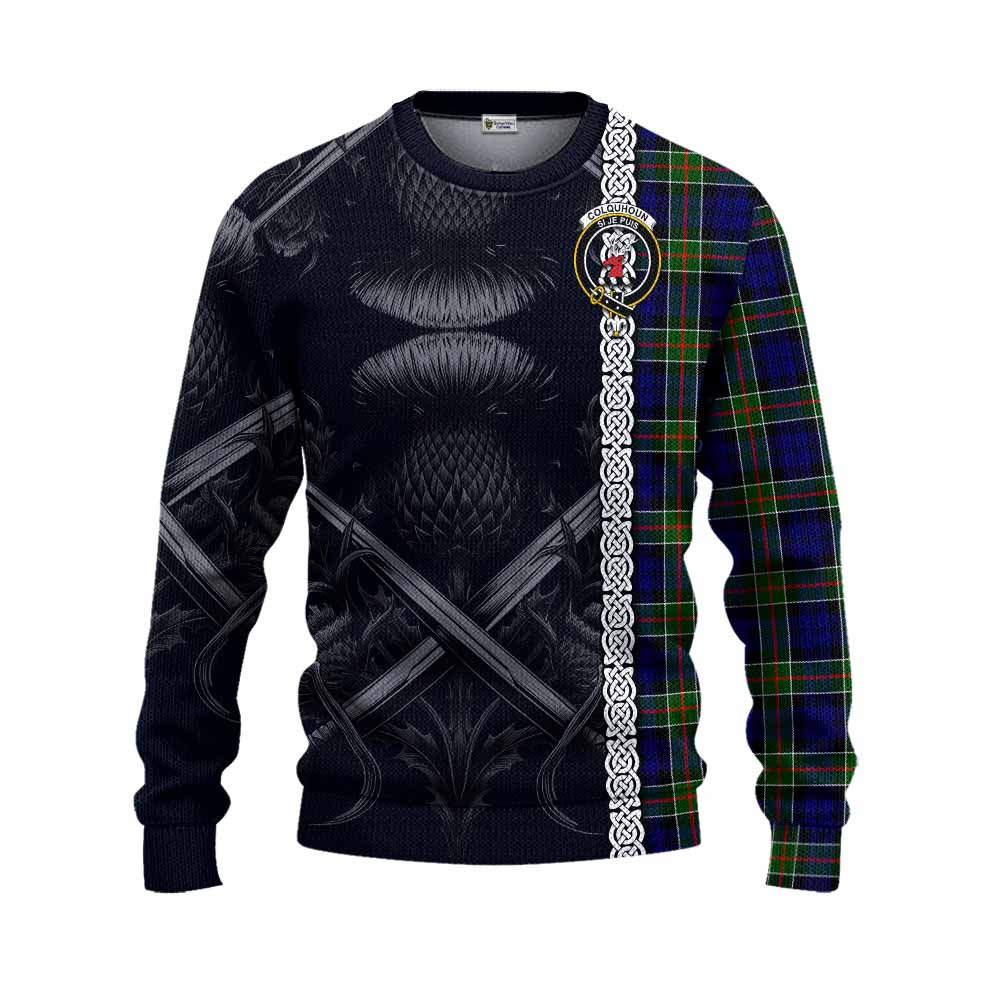 Tartan Vibes Clothing Colquhoun Tartan Knitted Sweater with Family Crest Cross Sword Thistle Celtic Vibes