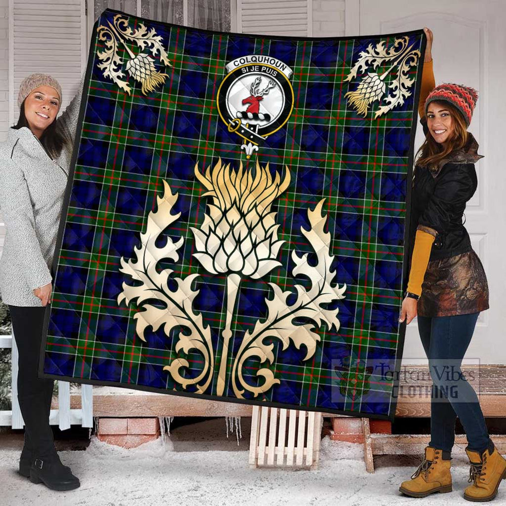 Colquhoun Tartan Quilt with Family Crest and Golden Thistle Style Super King Quilt 91" x 110" - Tartan Vibes Clothing
