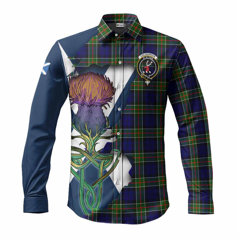 Tartan Vibes Clothing Colquhoun Tartan Family Crest Long Sleeve Button Shirt Scottish Thistle Celtic Inspired
