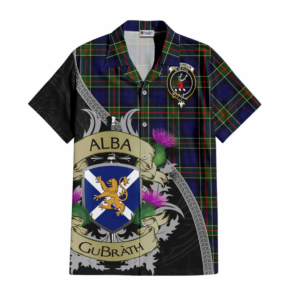 Tartan Vibes Clothing Colquhoun Tartan Family Crest Short Sleeve Button Shirt Lion Rampant Royal Thistle Shield Celtic Inspired